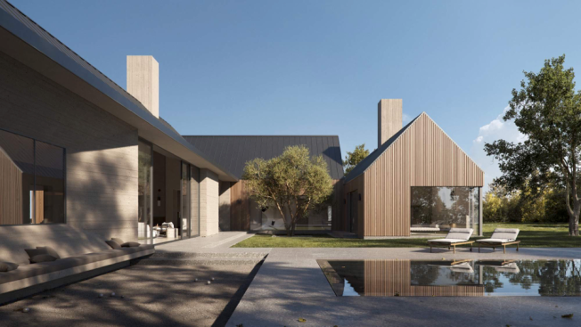 A courtyard centered within the home’s footprint promotes the outdoor grange lifestyle. An uninterrupted boardform concrete wall seemingly pours into the pavement to provide a built-in lounge. Overhead, roofing extends to shade the patio from the California sun. Etched into the concrete patio, a bocce ball court offers another palliative pastime. The knife-edge pool, a beloved staple within Bittoni Architects’ portfolio, mimics a lake with its turquoise hue. 