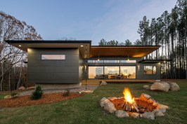 Northern elevation at dusk.