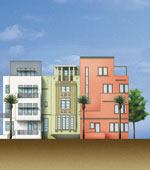 Bold colors and blocky shapes of Miami's Art Deco district are echoed in the new townhouse designs of Aqua's single-family component.