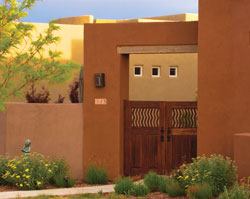 At Rancho Viejo, homes in the Courtyard series feature architectural elements that have become synonymous with Santa Fe style: flat rooflines, courtyards, stylized entries, and stucco-finished curves.