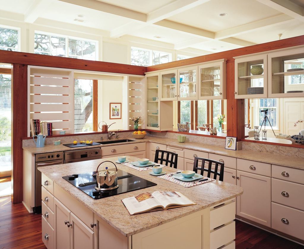 The wood slats forming partial walls in this South Carolina Low Country kitchen recall the agricultural pens of the surrounding countryside.
