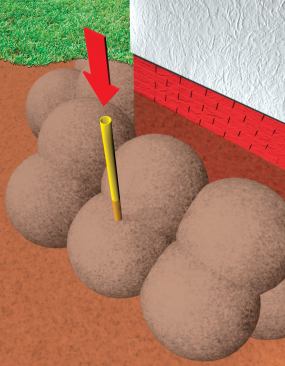 Light cement grout injected at intervals around the building stabilizes sandy soil enough that an existing foundation can be demolished without laborious digging and shoring.
