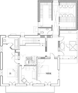 The master suite is enclosed by a sliding hall door that separates the bedroom, bathing area, powder room, and dressing rooms from the rest of the second floor.