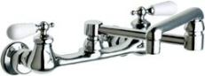 GOURMET TOUCH: This wall-mount kitchen faucet is designed to impart a gourmet look to the room. Made from lead-free brass, the faucet features ceramic-disc cartridges, a double-jointed swing spout for flexibility, and hot and cold porcelain lever handles. A Softflo aerator reduces pressure and lets users conserve water. Chicago Faucets. 847-803-5000. www.chicagofaucets.com.