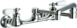 GOURMET TOUCH: This wall-mount kitchen faucet is designed to impart a gourmet look to the room. Made from lead-free brass, the faucet features ceramic-disc cartridges, a double-jointed swing spout for flexibility, and hot and cold porcelain lever handles. A Softflo aerator reduces pressure and lets users conserve water. Chicago Faucets. 847-803-5000. www.chicagofaucets.com.
