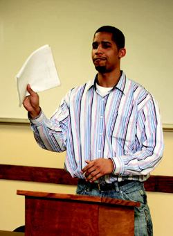 CLASS ACT: Pre-apprenticeship program class spokesperson Reginald Caldwell of Oakland, Calif., addresses graduates and guests at graduation.