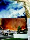 LIT UP: California wildfires in 2003 were visible from space (top). Flames threaten a Chula Vista subdivision (bottom). The city is working on a customized version of the International Urban-Wildland Interface Code.