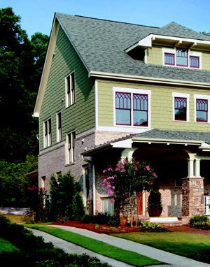 ESTABLISHING ROOTS: Native plants such as crape myrtle, blooming cypress, japonica, and camellia temper the hardscapes of lots that rest close together. Sod strips on driveways add an extra dash of green.