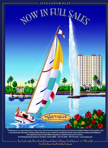 DIVE IN: The Mastique campaign featured original artwork (above and lower left) reminiscent of vintage Florida resort travel posters.