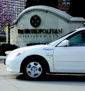 EASY RIDE: The car parked in front of Kettler's high-rise Metropolitan at Pentagon City  in Arlington, Va., is available for residents to lease by the hour, the day, or  longer through a customer service agreement Kettler has struck with  Flexcar, which offers this service at all of Kettler's rental properties. photos: top: courtesy  flexcar; bottom: courtesy amex