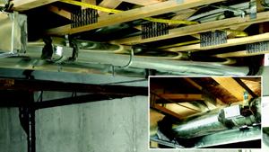 AIR SUPPLY: A dedicated 8-inch air duct from the outdoors (inset) supplies fresh air directly  into the return plenum of the furnace air-handler in this home under  construction by New Town Homes in Denver. The main air-handler fan turns on  or off when the damper in the intake duct opens or closes, both in response  to signals from a programmable timer control in the living space upstairs. (All  duct joints are sealed with mastic for air-tightness.) "Supply ventilation" of  this kind is practical in most climates, according to building  scientists.