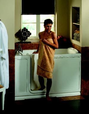 WALK RIGHT IN: The Finestra bath is a departure from the maker's usual fare: Instead of climbing over, users simply walk right in. It is available with whirlpool jets or an air model, a combination of both, or as a traditional soaking tub. An electronic touchpad, chromatherapy lights, and heating come standard. It measures 60 inches long and 30 or 35 inches from front to back. Jacuzzi. 800-288-4002. www.jacuzzi.com.