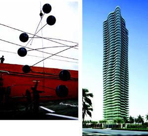 SCULPTED EFFORT: Both the 20-foot-tall mobile and the sculpted shape of the Regalia condo tower evoke the free-flowing style of the building (right), in which buyers will enjoy 2,000-square-feet of terrace space and panoramic views.