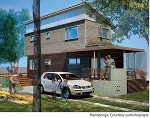 In designing the project's single-family residences, workshop/apd borrowed from local shotgun houses elements such as covered porches and long, narrow floor plans.