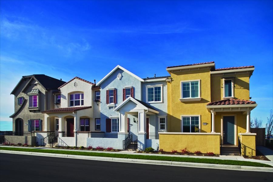 CHARACTER COUNTS: Attached though they may be, each of the townhomes at Townes at Denby Square has a distinct personality.