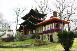 This is D.C.?: A Japanese pagoda (shown here) and English manor-style hotel (below) are among the 23 vintage structures that will eventually be transformed into residences at the National Park Seminary in Forest Glen, Md.