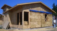 The exterior of a Lopez Island house shows the straw bale construction.