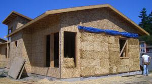 The exterior of a Lopez Island house shows the straw bale construction.