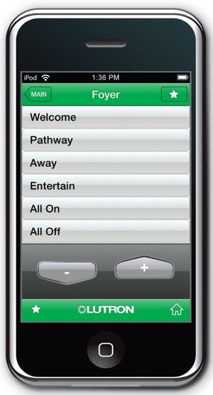 Lutron has introduced an interface that allows customers to control their HomeWorks whole-house lighting system from an iPhone or iPod Touch. The application is available as a free download.
