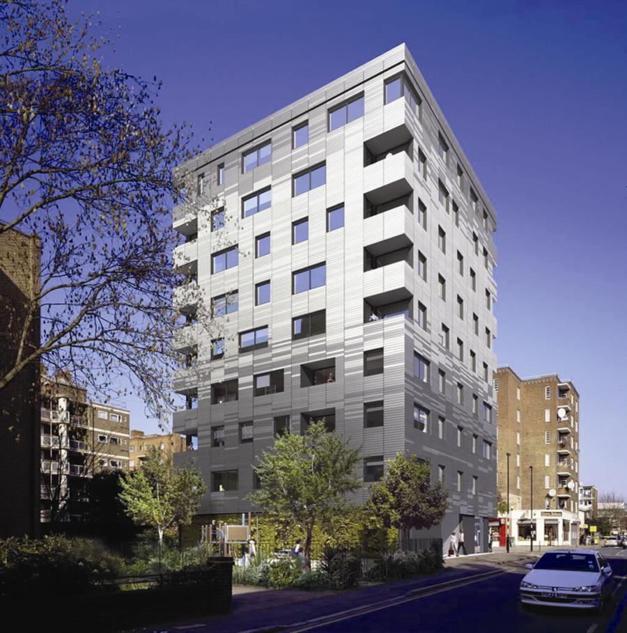 Tall Order: A nine-story 29-unit tower in London was built with studs and laminated panels.