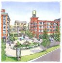 A MOVEABLE APPETIZER. A rendering of Market Town, the first phase of New Town Center, a redevelopment project in Hercules, Calif., which has been put on hold because of the economy. On part of that land, the developer The Red Barn Co. has put up a temporary area with a food court, retail kiosks (inside converted shipping containers and airstream trailers) and an ÒentertainmentÓÊspace.