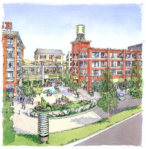 A MOVEABLE APPETIZER. A rendering of Market Town, the first phase of New Town Center, a redevelopment project in Hercules, Calif., which has been put on hold because of the economy. On part of that land, the developer The Red Barn Co. has put up a temporary area with a food court, retail kiosks (inside converted shipping containers and airstream trailers) and an ÒentertainmentÓÊspace.