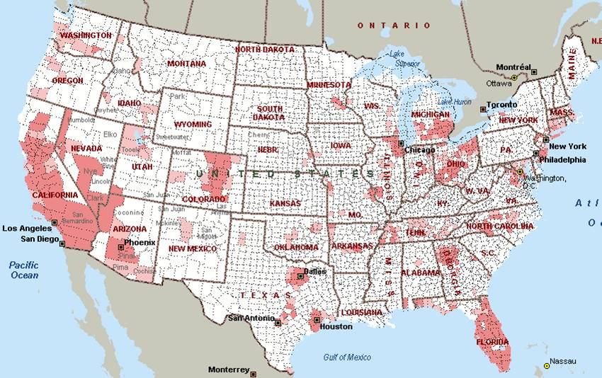 Unemployment is pushing foreclosures far beyond the real estate hotspots that experienced the initial wave (see 2007 map above) into far more diverse regions previously seen as stable (see 2010 map below).