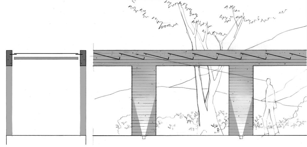 Section drawings of the walkway joining the main house and the two guest pavilions.