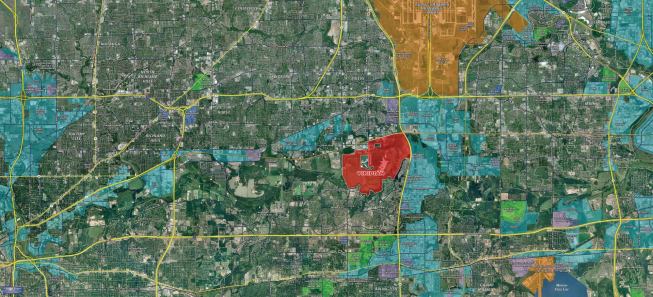Red Marks the Spot Viridian, a new infill master plan, is the bull's-eye in a map of the Dallas-Fort Worth, Texas metro area.