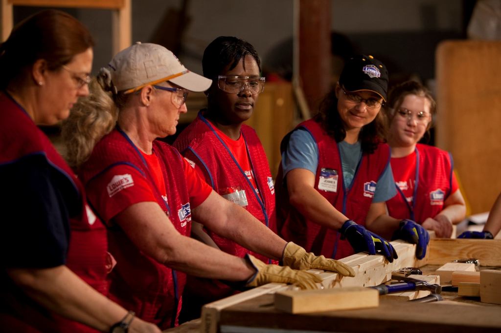 Beyond The Basics. As part of its sponsorship of Habitat for Humanity's National Women Build Week, Lowe's Cos. conducted a series of clinics in its home centers and Habitat's ReStores around the country, teaching female volunteers such construction skills as how to frame walls, lay roofing, and paint.