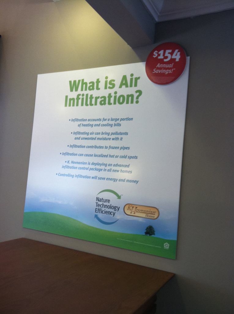 COST BENEFIT: A poster that talks about how air flitration robs a home's energy includes how much per year homeowners can expect to save if they lived in a house built by Hovnanian Enterprises. Starting next week, the builder's website will include community-by-community dollar savings estimates.