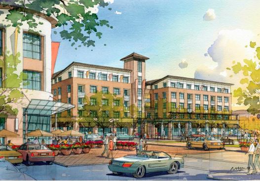 FIRST PHASE. A rendering of The Plaza, a 307-apartment project in northern California whose vertical construction Sares-Regis Group launched in late September. This is part of a redevelopment master plan that will have more than 700 housing units.