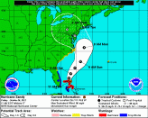 Sandy Hook: The National Hurricane Center showed this forecast path for Hurricane Sandy as of Friday afternoon. For most of this year's hurricane season and all of last year's, a southerly jet-stream steering current pushed most hurricanes far out into the Atlantic. This time, it's the opposite: A low-pressure zone moving down from Canada is pulling Hurricane Sandy sharply into the coast.