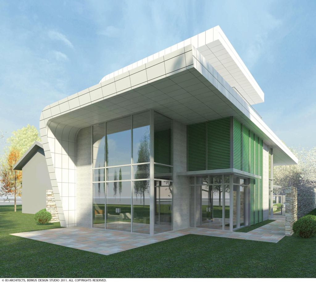 Au Courant With its glass walls and swoosh roofline, the multigenerational house telegraphs its accomodation to today's lifestyles and values, though the envelop can be modified for traditional tastes. The living spaces' glazing and operable louvers are designed for a southern orientation. The overhangs shelter the entry and create covered courtyards. Exterior surface materials can range from metal to fiber cement to tile, and the fascia can be fitted with integrated photovoltaics.