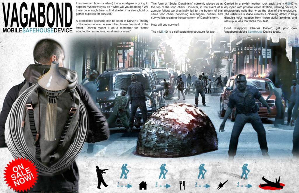 Austin Fleming's winning design from the 2011 competition was a backpack module that wraps around you and one other person to disguise your location from the zombies.