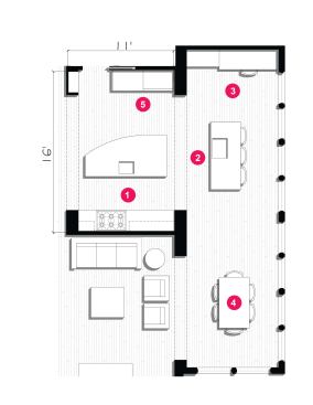 The open kitchen is divided into distinct zones: 1/ Main prep zone; 2/ Secondary cooking and cleanup spot 3/ A desk for homework or paying bills; 4/ Breakfast spot; 5/ The "machine zone," for wall ovens, fridge, and storage.