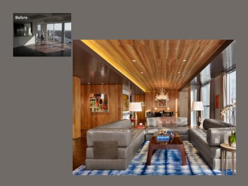 Custom hand-painted wallpaper on the ceiling looks like wood and creates a seating alcove at the window wall.
