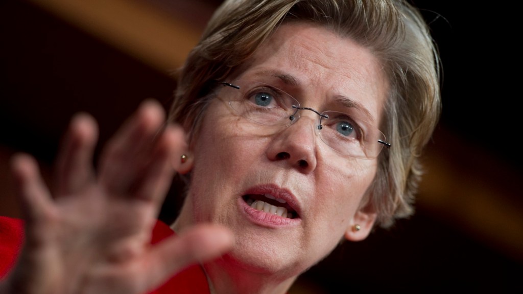 UNITED STATES - FEBRUARY 14:  Sen. Elizabeth Warren, D-Mass.,  conducts a news conference in the Capitol on the re-nomination of Richard Cordray to head the Consumer Financial Protection Bureau. (Photo By Tom Williams/CQ Roll Call)