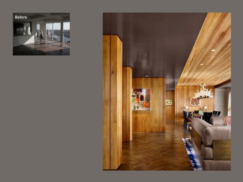 Parallel walnut-clad walls divide the entertaining spaces.