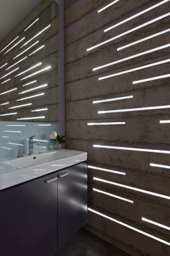 Translucent acrylic strips admit filtered daylight into the powder room.