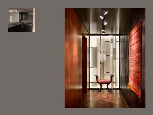 Short perpendicular walls are made of rich materials, like this art glass framed with bronze and backlit by a public elevator corridor.