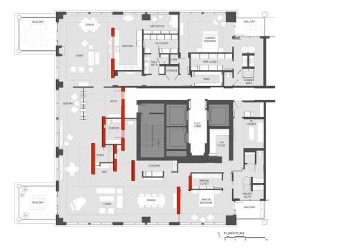 The new floor plan shows the combined units, with the owner’s living quarters at the top and the event space on the bottom. One of the wood walls (in red) reappears in the clients’ unit.
