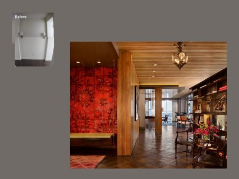 Red tiles add a splash of color to the reception area, which serves both public and private quarters.