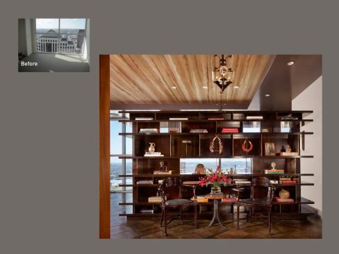 A bronze and wood divider is the foyer’s centerpiece. To the right is the owners’ private quarters; to the left is the event space.