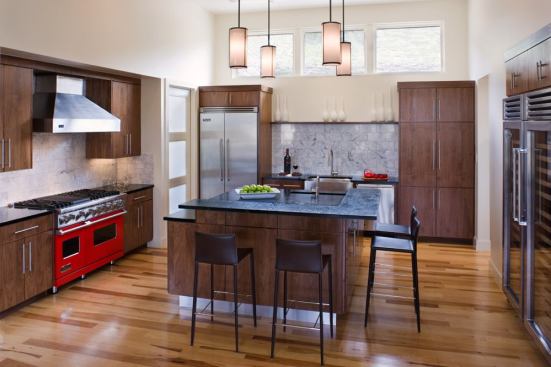 For those looking for subtler color options, this racing red Viking range adds visual interest to an otherwise neutral kitchen palate without hogging attention. Architect: James D. LaRue Architecture Design, Austin, Texas Builder: Shoberg Custom Homes, Austin