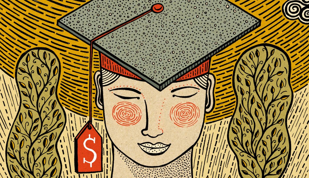 Illustration of a student in graduation attire, with a price tag hanging off the cap