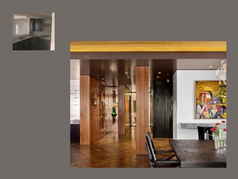The dark wall panel is made of vertical strips of leather.