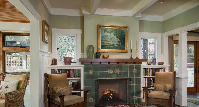 The tile surround was sourced by the owner from Pewabic Pottery, a school and studio in Detroit that was founded in 1903 and is still around.