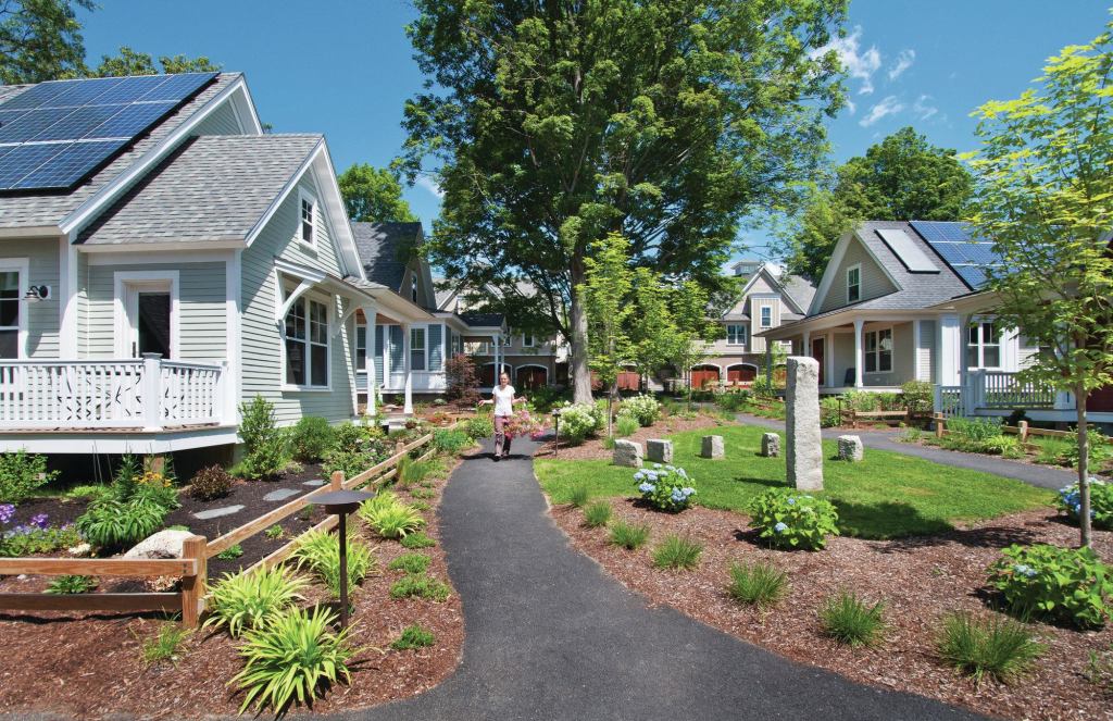 The cottages at Concord Riverwalk, wired for optional solar panels, are designed to achieve net-zero energy when fitted with 400 kWh photovoltaics.