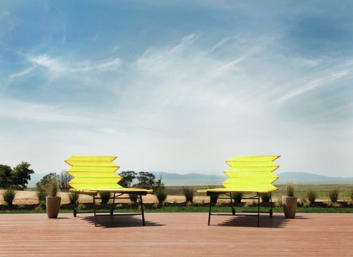 Most of the interior staging pieces are hand-made by local vendors, such as these Oxgut deck chairs, repurposed fire hoses. 